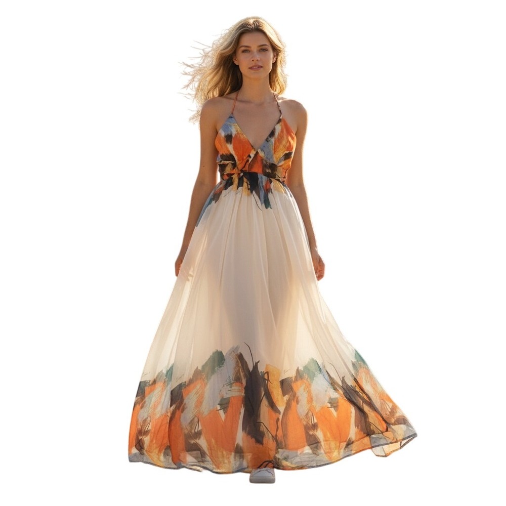 Miss Avenue Abstract Print Cut Out Maxi Dress Orange Blue Cream Large NWT